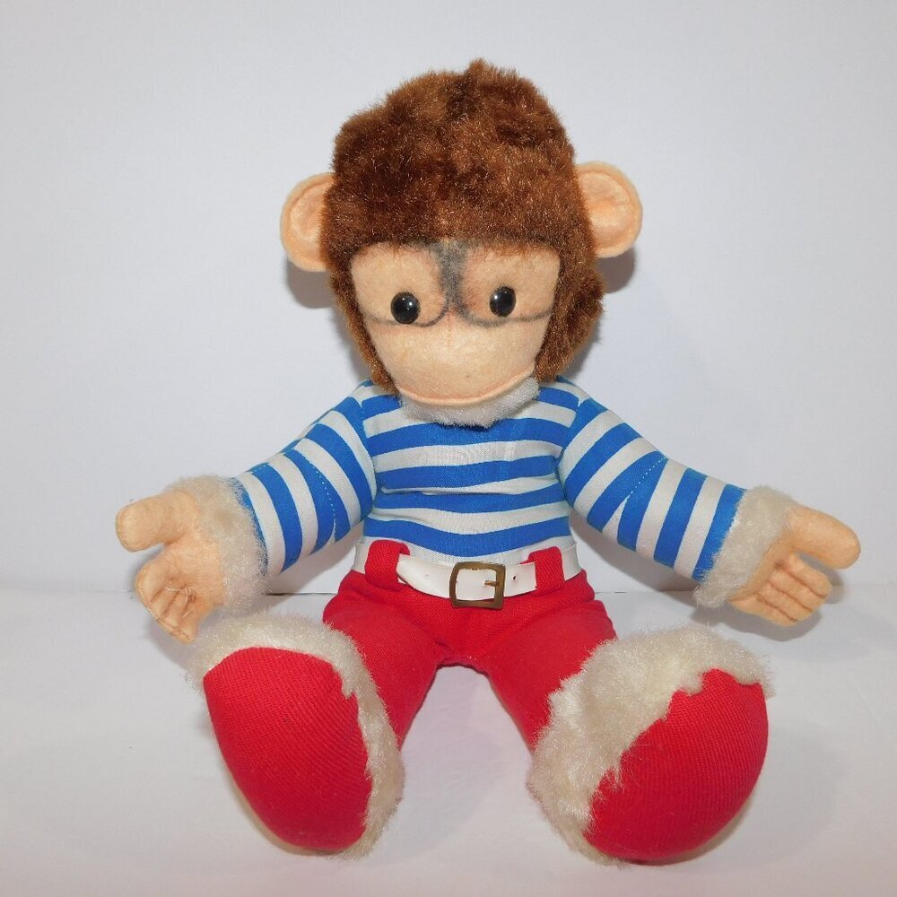 Vintage 15" Plush Stuffed Monkey In Blue White Striped Shirt Red Pants Chimp Ape